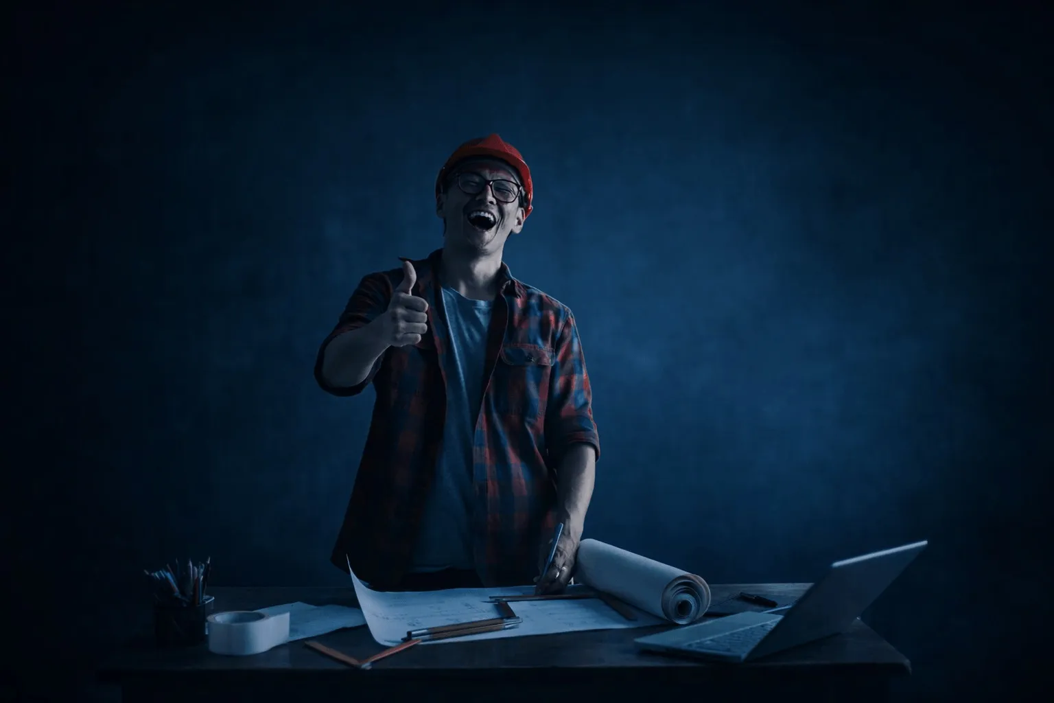 Nöjd man ger tummen upp framför ritningar när hemsidan är klar i Karlstad