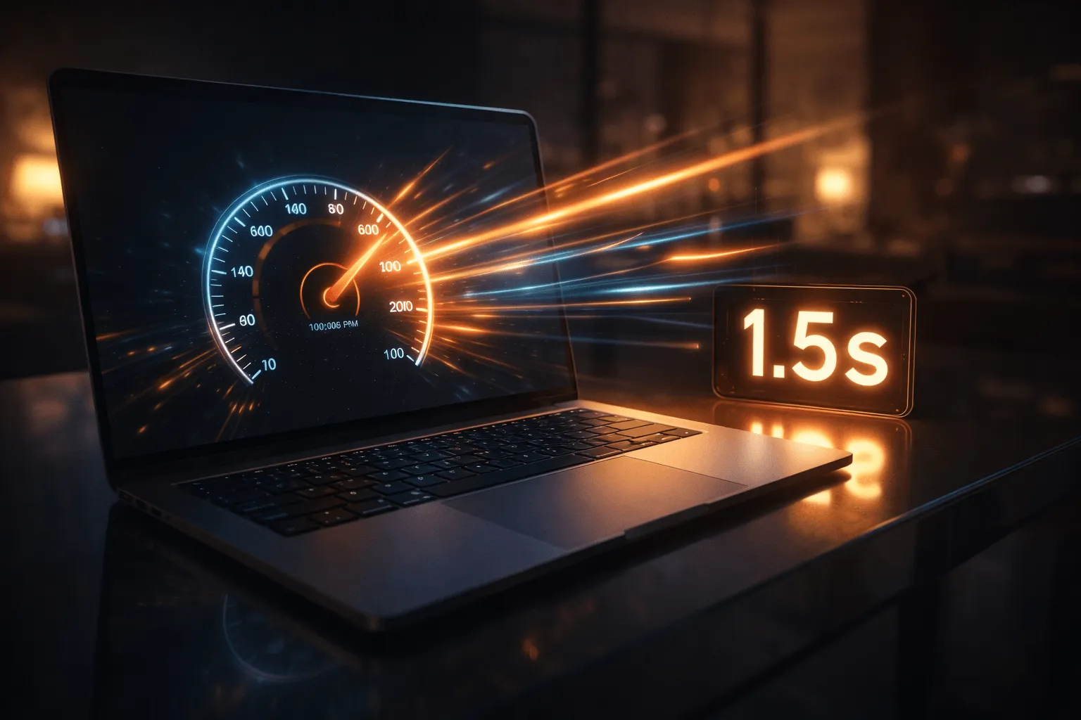 Laptop med hastighetsmätare som visar snabb laddtid för hemsidor i Karlstad
